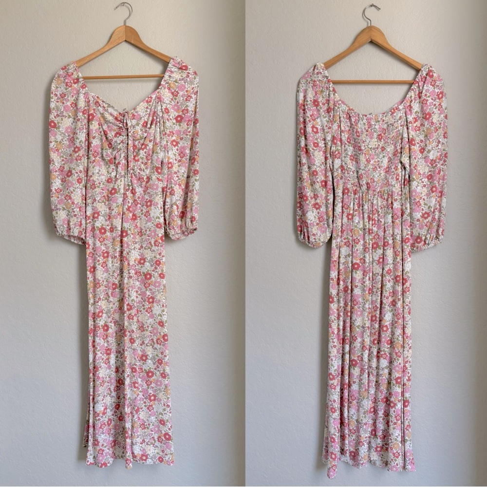 H&M Smocked Floral Puff Sleeve Midi Dress